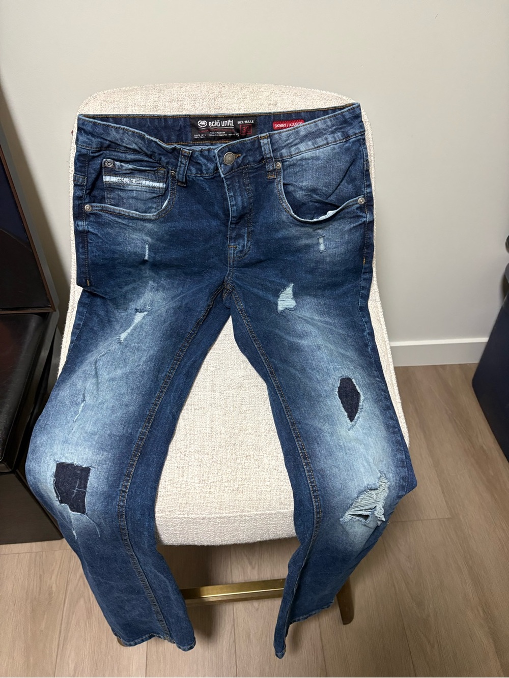 Ecko Unlimited Men’s Dark Blue Distressed Slim Straight Jeans
